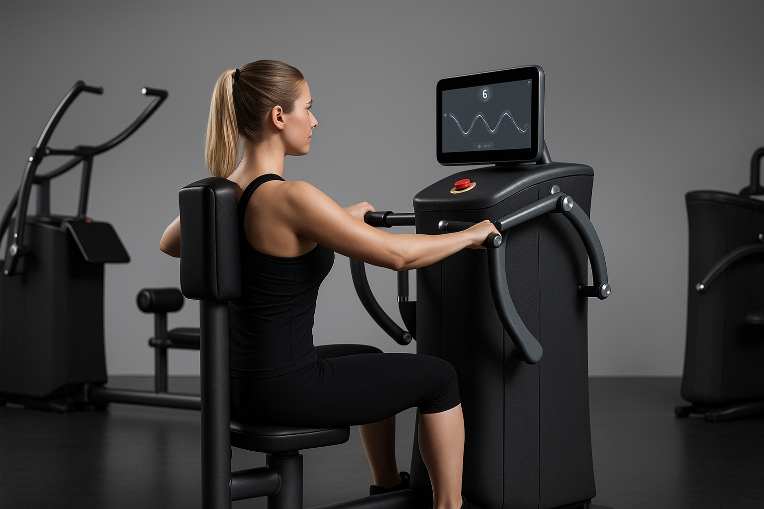 Vrouw aan krachttrainingsmachine in de gym
